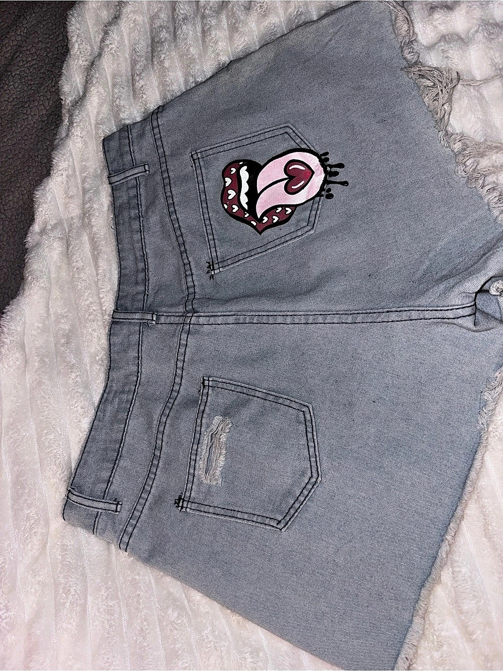 Custom Distressed Denim real cotton Shorts in washed Blue Jean Size XXL